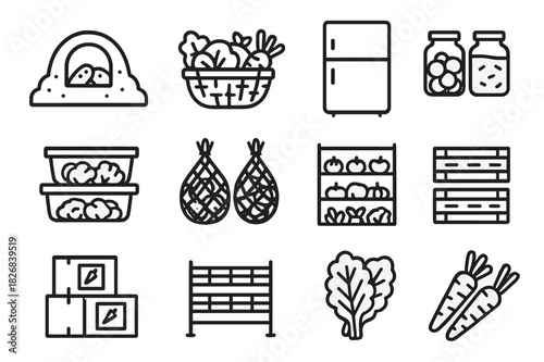 Vegetable Preservation Icons. Vegetable Preservation Set. Line icon set of Vegetable Preservation Set: root cellar, basket of vegetables, refrigerator, glass