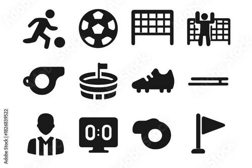 Soccer Icon Set. Soccer Penalty. Solid icon set of soccer ball, goal, player kicking, goalkeeper, net, whistle, stadium, cleats, referee, scoreboard, lines,