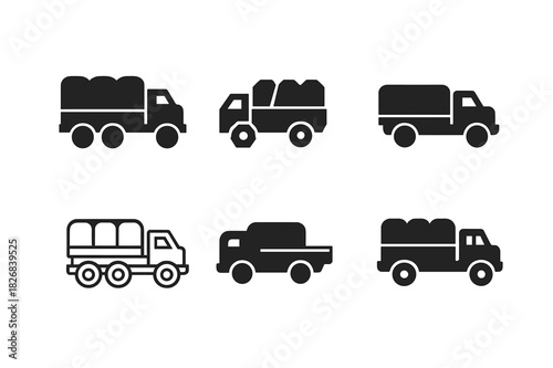 Military Convoy Icons. Military convoy. Icon set. Set Logo of military convoy: Truck silhouette with cargo. harmonious logo variations of the same emblematic