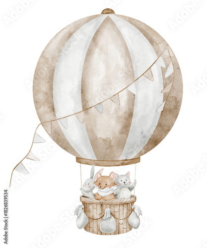 Wallpaper Mural Watercolor illustration of Animals in a hot air balloon, showing hare, fox and cat in a basket. Drawing of aerostat for nursery poster or baby shower greeting cards or childish invites. Art for kids. Torontodigital.ca