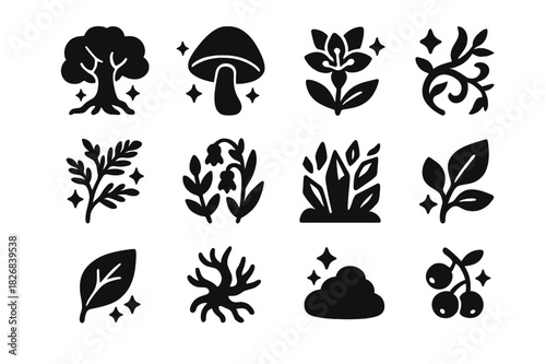 Mystical Forest Icons. Fantasy forest flora. Solid icon set of fantasy forest flora: enchanted tree, glowing mushroom, mystical flower, sparkling vine, magical