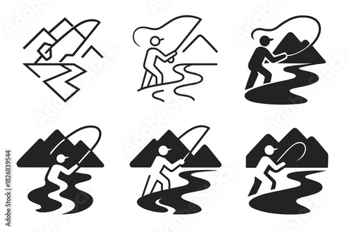 Fly Fishing Logo Set. Fly fishing and outdoor adventure. Icon set. Set Logo of river stream. harmonious logo variations of the same emblematic