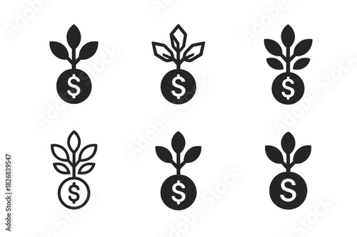 Wealth Management Icons. Wealth Management Office. Icon set. Set Logo of Wealth Management Office: tree growing from coin base. harmonious logo variations of