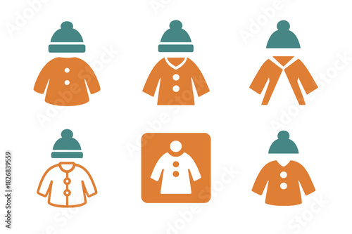 Children's Fashion Icons. Children?s fashion and seasonal clothing. Icon set. Set Logo of kids fashion: seasonal hats and coats. harmonious logo variations of