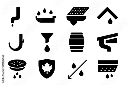 Roof Drainage Icons. Roof drainage. Solid icon set of Roof drainage: downspout, roof gutter, gutter guard, roof pitch, gutter bracket, water diverter, rain