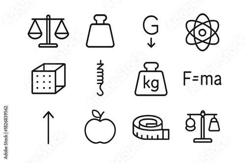 Physics Icons Collection. Mass. Line icon set of mass: scale balance, weight, gravity symbol, atom, density cube, spring scale, kilogram unit, physics formula,