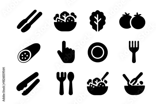 Salad Preparation Icons. Salad preparation. Solid icon set of Salad preparation: tongs, bowl, lettuce, tomatoes, cucumber, hand icon, plate, fork, spoon, grip,
