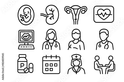 Pregnancy Care Icons. Pregnancy & Prenatal Care. Line icon set of Pregnancy & Prenatal Care: fetus, placenta, uterus, ultrasound, doctor, heart monitor,