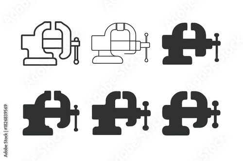Tool Icon Variations. Tooling and Equipment. Icon set. Set Logo of Tooling and Equipment: Bench Vise. harmonious logo variations of the same emblematic concept
