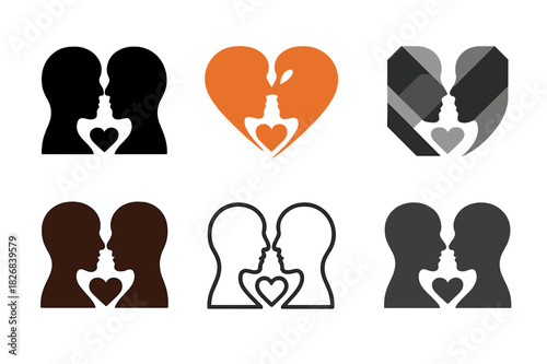 Emotional Connection Logos. Inspiration through moments of deep emotional connection. Icon set. Set Logo of emotional inspiration: two faces in profile.