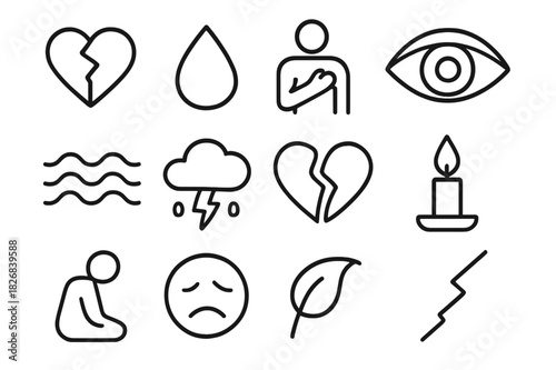 Emotional Pain Icons. Emotional pain. Line icon set of emotional pain: broken heart, teardrop, hand on chest, eye, wave, storm cloud, heart crack, candle,