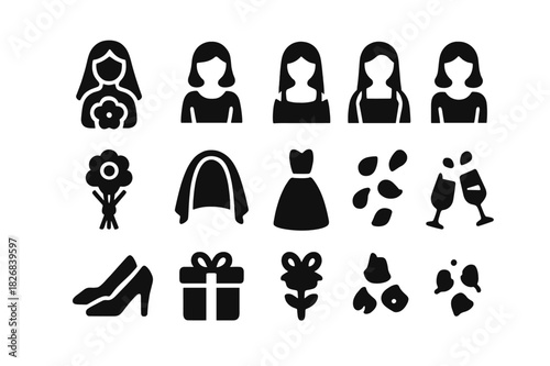 Bridal Group Icons. Bridal group. Solid icon set of Bridal group: bride, bridesmaid , bridesmaid , bridesmaid , bridesmaid , bouquet, veil, wedding dress,