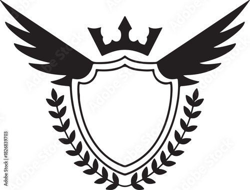 Black silhouette of a shield with wings and laurel wreath
