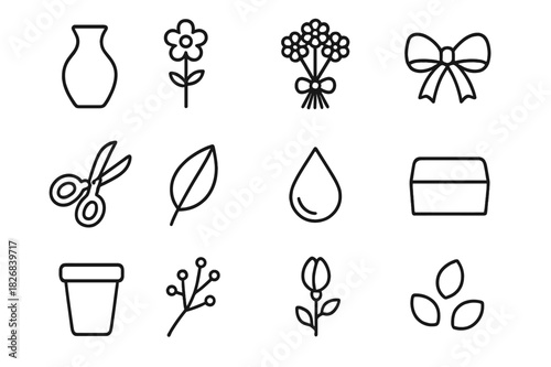 Flower Arrangement Icons. Flower Arrangement. Line icon set of Flower Arrangement: vase, flower stem, bouquet, ribbon, scissors, leaf, water drop, floral foam,