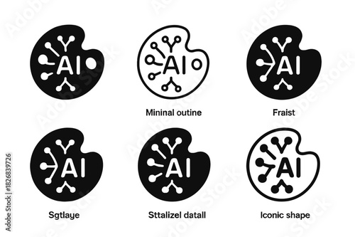 AI Art Logos. AI in creative industries. Icon set. Set Logo of AI in creative industries: neural network shaped like an artist?s palette. harmonious logo