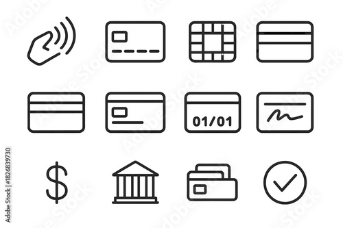 Digital Payment Icons. Digital Payment Icons. Line icon set of Digital Payment Icons: contactless payment symbol, credit card front, chip, credit card back,