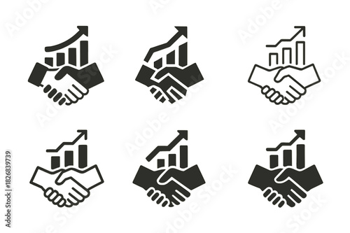 Small Business Icons. small business growth and challenges. Icon set. Set Logo of small business growth and challenges: handshake and bar chart. harmonious