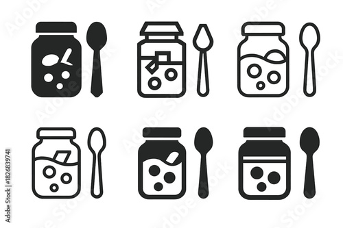 Ice Cream Sundae Logos. setting up an ice cream sundae bar. Icon set. Set Logo of setting up an ice cream sundae bar: toppings jars and spoons. harmonious logo