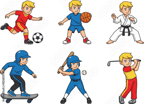 Set of six blonde cartoon boy characters playing various sports: soccer, basketball, karate, skateboarding, baseball, and golf, dynamic vector illustration collection of children's activities.