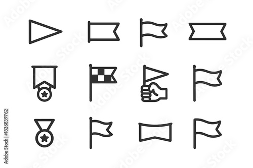 Victory Pennant Icons. Victory pennants. Line icon set of victory pennants: triangular pennant, rectangular pennant, fluttering pennant, ribbon pennant, award