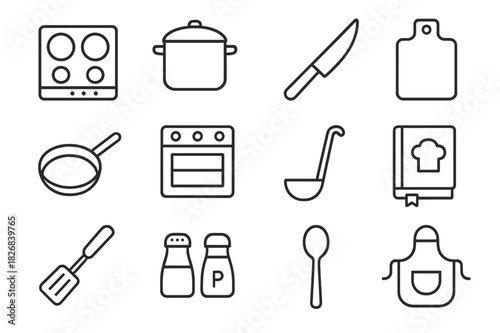 Cooking Icon Set. Home cooking essentials. Line icon set of home cooking essentials: stove, pot, knife, cutting board, frying pan, oven, ladle, recipe book,