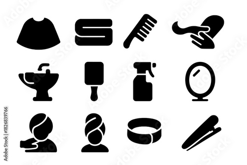 Client Preparation Icons. Client preparation. Solid icon set of Client preparation: cape, towel, comb, hair section, wash basin, brush, spray bottle, mirror,