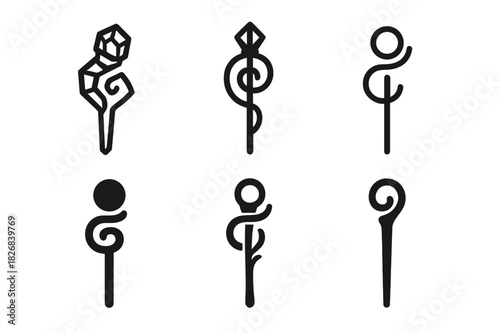 King Arthur Icon Set. King Arthur's legends. Icon set. Set Logo of King Arthur's legends: Merlin's staff. harmonious logo variations of the same emblematic