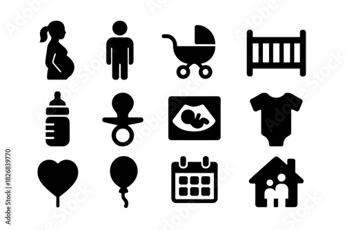 Parenthood Icon Set. Parenthood journey. Solid icon set of Parenthood journey: pregnant mother, father, baby stroller, crib, baby bottle, pacifier, ultrasound,