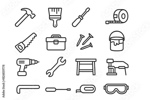 DIY Family Icons. DIY Home Projects as a Family. Line icon set of DIY Home Projects as a Family: hammer, paintbrush, screwdriver, measuring tape, saw, toolbox,