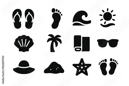 Beach Vibe Icons. Flip-flop. Solid icon set of flip-flop: sandal pair, foot, beach wave, sun, shell, palm tree, towel, sunglasses, hat, sand, starfish,