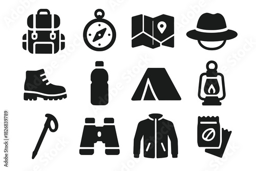 Essential Adventure Icons. Adventure essentials. Solid icon set of adventure essentials: backpack, compass, map, hat, hiking boots, water bottle, tent,