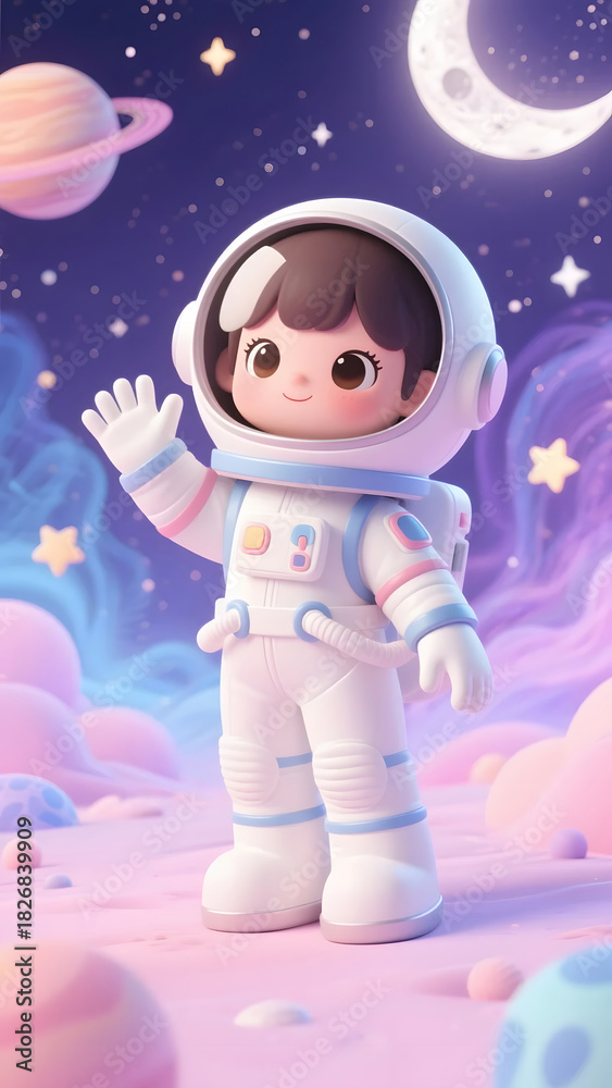 Naklejka premium Girl astronaut waving in dreamy space