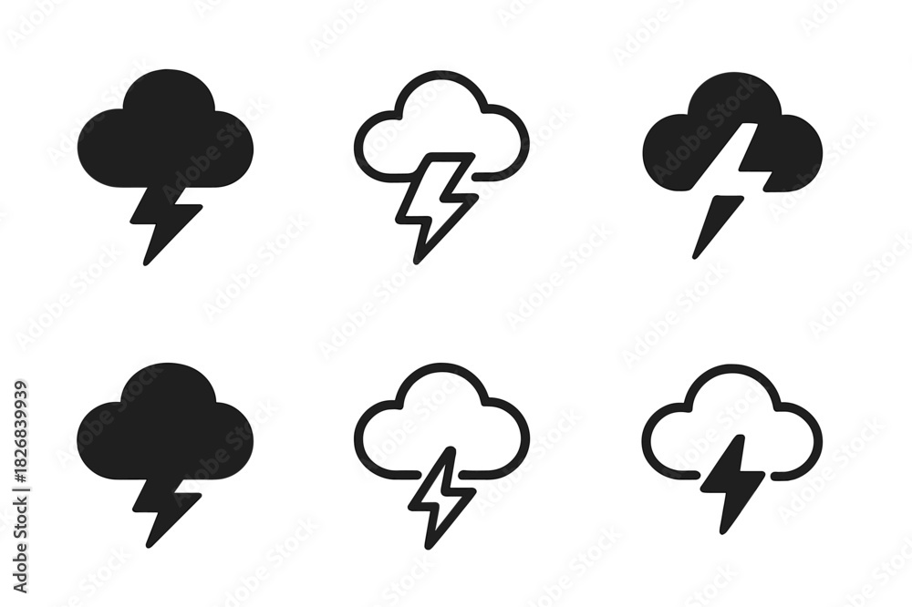 Obraz premium Unpredictable Events Logos. Unpredictable events. Icon set. Set Logo of unpredictable events: Thunderstorm cloud. harmonious logo variations of the same