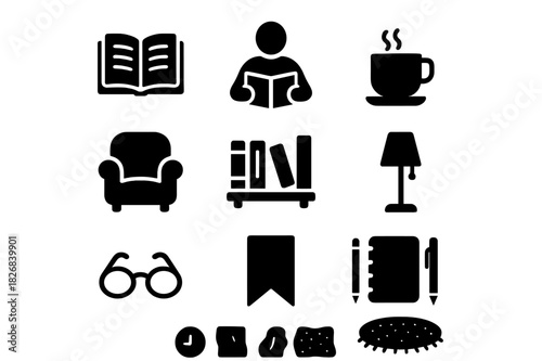 Reading Icons Collection. Reading Time. Solid icon set of Reading Time: open book, person reading, coffee cup, armchair, bookshelf, lamp, glasses, bookmark,