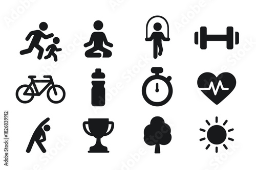 Family Fitness Icons. Family fitness. Solid icon set of family fitness: parent and child running, yoga pose, skipping rope, dumbbell, bicycle, water bottle,
