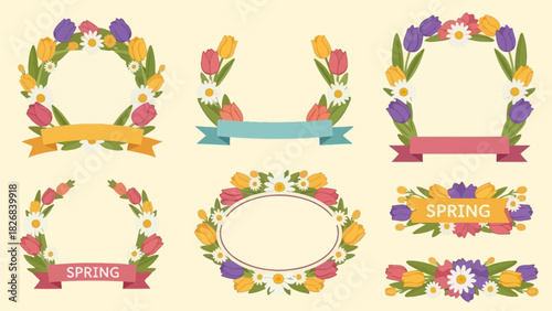 Spring floral wreaths and banners with tulips and daisies for seasonal decoration