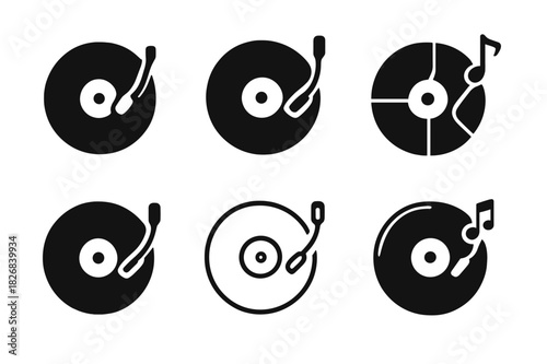 Record Player Icons. record player. Icon set. Set Logo of record player: vinyl and music notes. harmonious logo variations of the same emblematic concept, each