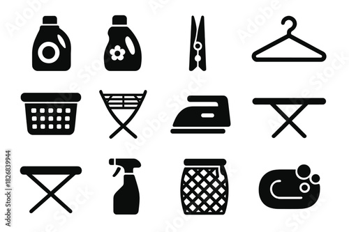Laundry Icon Set. Folding Laundry. Line icon set of Folding Laundry: t-shirt, pants, socks, towel, laundry basket, hanger, ironing board, folded stack, washing