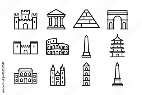 Historic Icon Set. Historic Architecture. Line icon set of Historic Architecture: castle, temple, pyramid, archway, fortress, amphitheater, obelisk, pagoda,