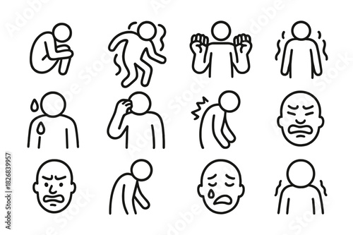 Emotional Icon Grid. Extreme suffering. Line icon set of Extreme suffering: curled-up figure, writhing body, clenched fists, trembling, sweat drops, hand on