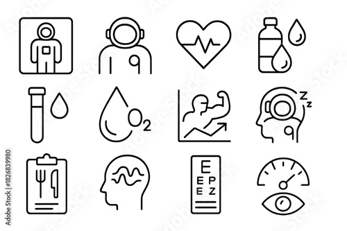 Astronaut Health Icons. Astronaut health monitoring. Line icon set of astronaut health monitoring: body scan, wearable sensor, pulse rate, hydration tracker,