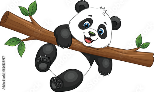Cute Happy Panda Bear Cartoon Character Hanging Upside Down from a Tree Branch with Green Leaves, Representing Playful Wildlife Fun.
