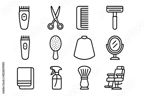 Men's Grooming Icons. Men?s grooming. Line icon set of Men?s grooming: hair clipper, scissors, comb, razor, trimmer, hairbrush, barber cape, mirror, towel,