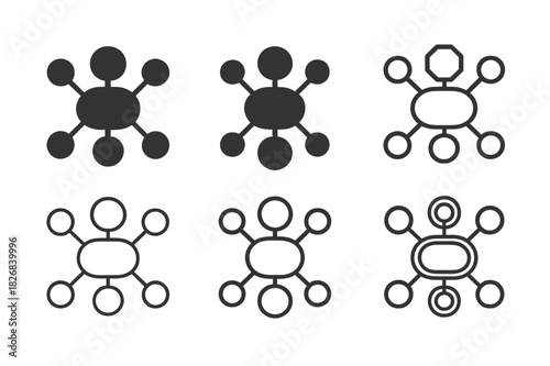 Goal Reflection Icons. Learning goals reflection sheet. Icon set. Set Logo of reflection sheet: mind map with goal nodes. harmonious logo variations of the