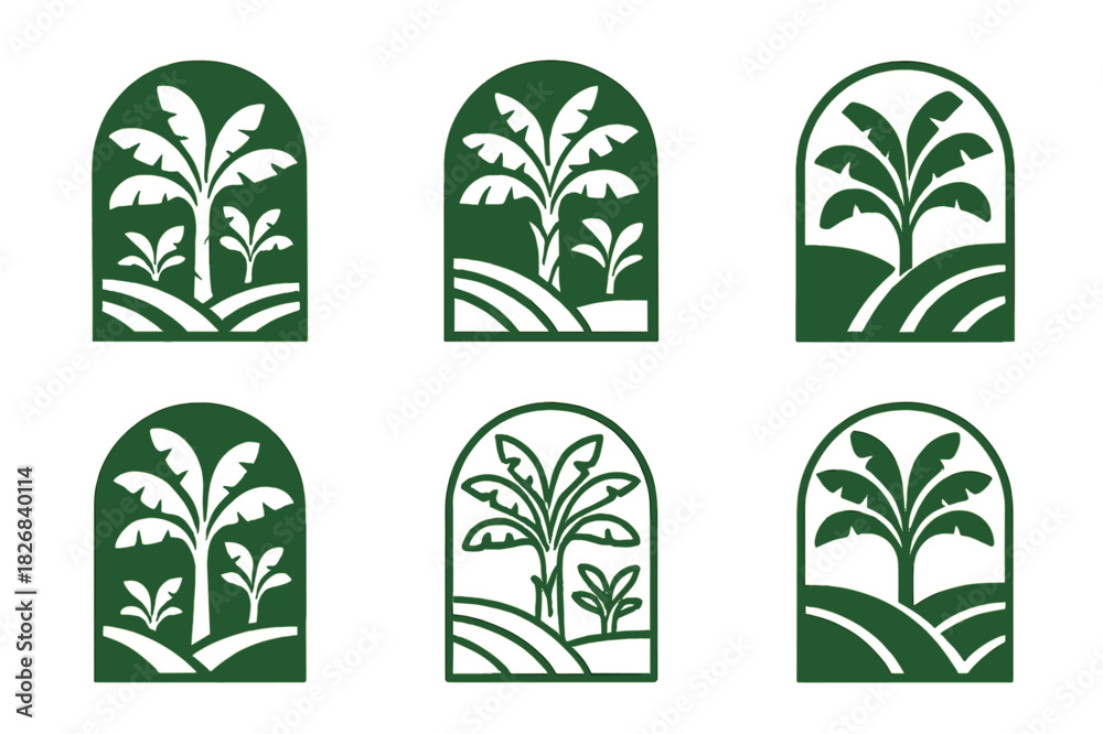 Fototapeta premium Banana Plantation Icons. banana plantation. Icon set. Set Logo of banana plantation: tropical banana grove illustration. harmonious logo variations of the same