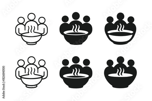 Soup Bowl Logos. Family dinner. Icon set. Set Logo of soup bowls. harmonious logo variations of the same emblematic concept (Minimal outline, Negative space,