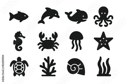 Aquatic Life Icons. Aquatic Life. Solid icon set of fish, dolphin, whale, octopus, seahorse, crab, jellyfish, starfish, turtle, coral, shell, seaweed. Filled