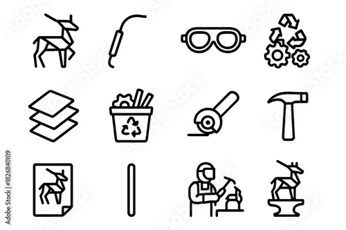 Recycled Metal Sculptures. Sculpture-making from recycled metal scrap. Line icon set of Sculpture-making from recycled metal scrap: metal sculpture, welding