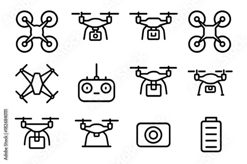 Drone Icon Set. Drones. Line icon set of Drones: quadcopter, camera drone, delivery drone, racing drone, drone with propellers, drone controller, drone in
