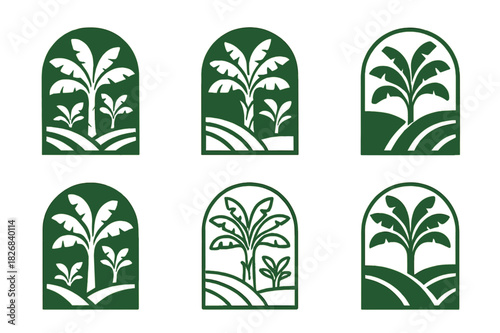 Banana Plantation Icons. banana plantation. Icon set. Set Logo of banana plantation: tropical banana grove illustration. harmonious logo variations of the same